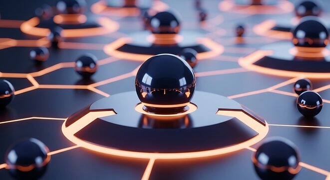 3d rendering of glowing network nodes with central black sphere on futuristic circuit board background