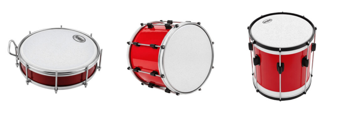 Set and collection of professional red percussion drums and snare drums from different perspectives isolated on white transparent PNG background.