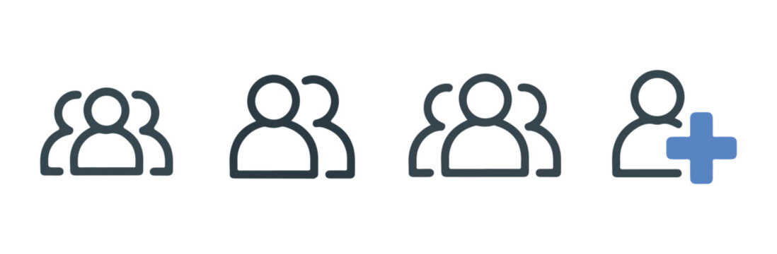 User group icons and add person icon with plus sign in outline and filled styles
