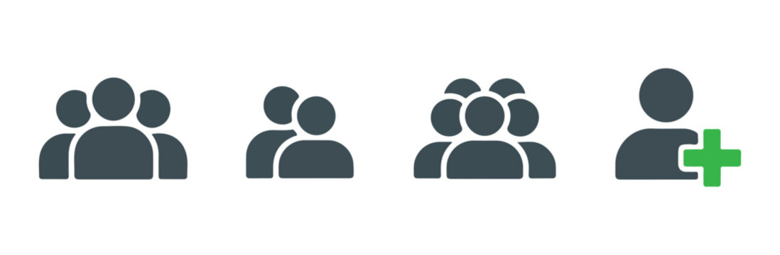 Solid group of people icons and add user icon with green plus symbol