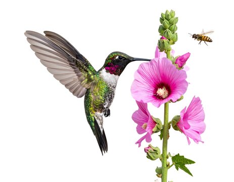 Hummingbird drinks nectar from pink blossoms, while a bee hovers nearby on a clean, bright white background