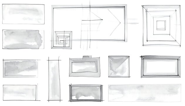 Collection of abstract architectural sketches; rectangles, squares, perspective, gray washes, and thin lines, on white ground