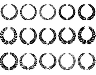 Obraz premium Collection of fifteen black, detailed wreaths made of leaves, arranged in rows against a white background