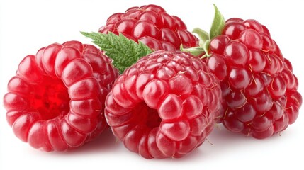 Vibrant ripe raspberries with a fresh green leaf are arranged on a clean white background, creating a juicy, appetizing scene perfect for healthy food, diet, or summer branding visuals.