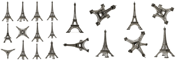 Set and collection of Eiffel Tower 3D models and miniature souvenirs from various angles isolated on white transparent PNG background © bearbyy