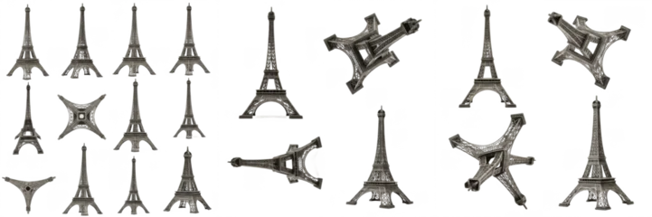 Fotobehang Eiffeltoren Set and collection of Eiffel Tower 3D models and miniature souvenirs from various angles isolated on white transparent PNG background  © bearbyy