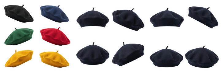 Set and collection of traditional French berets in various colors and angles, classic wool felt...