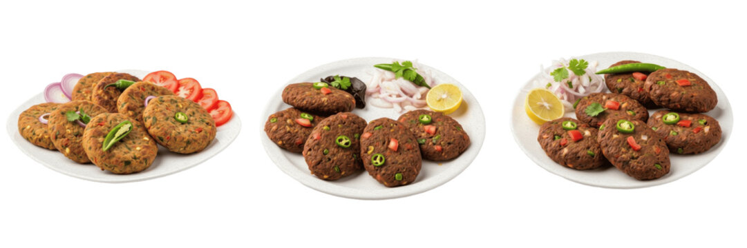 Set and collection of traditional grilled shami kabab and chapli kebab patties with salad on plates isolated on white transparent PNG background