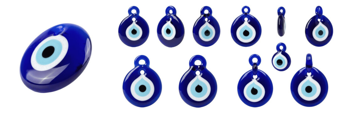 Set and collection of traditional Turkish evil eye nazar boncuk charms and blue glass amulets isolated on white transparent PNG background