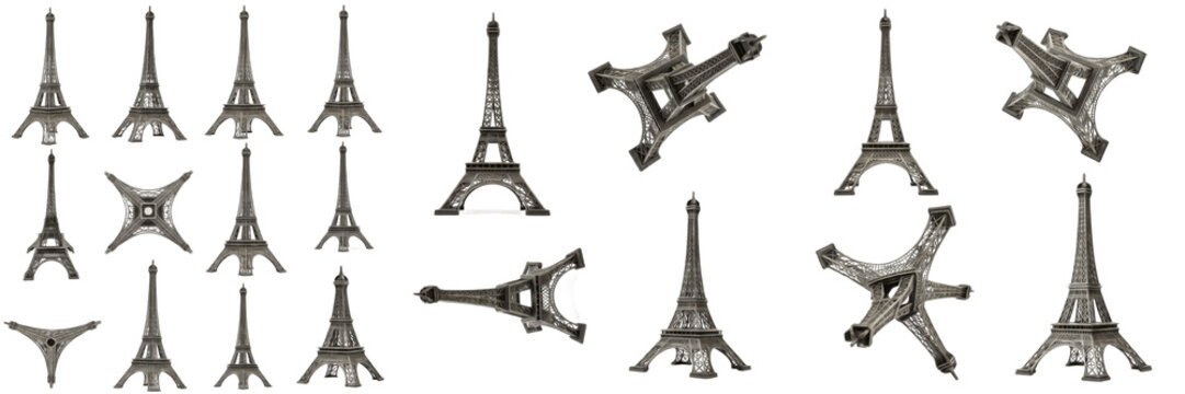 Set and collection of Eiffel Tower 3D models and miniature souvenirs from various angles isolated on white transparent PNG background