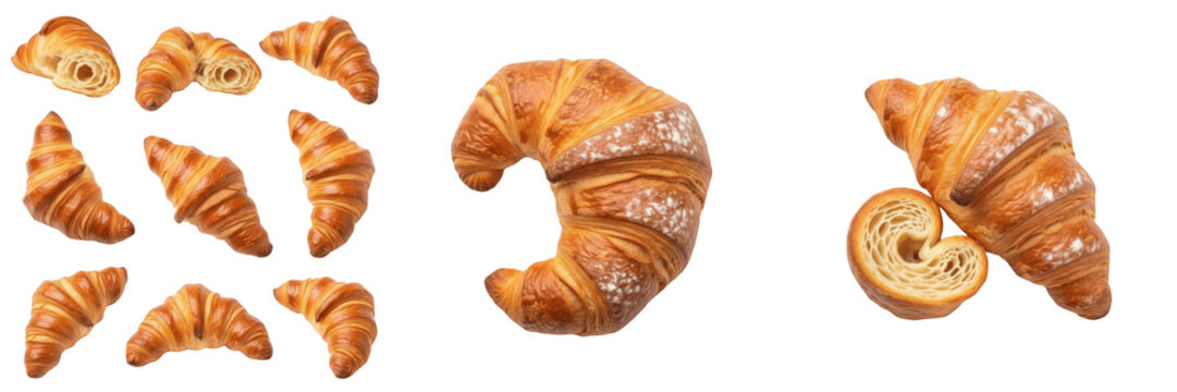Set and collection of fresh golden French croissants from various angles, flaky buttery pastry and halves with powdered sugar isolated on white transparent png background.