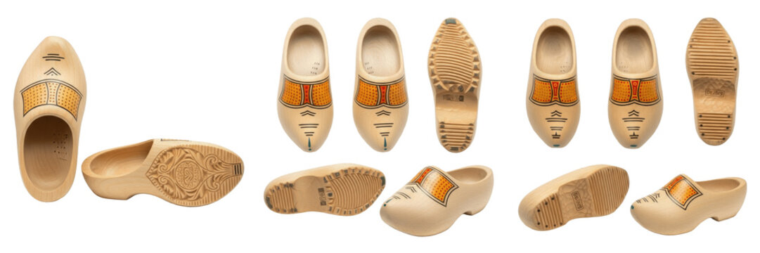 Set and collection of traditional wooden clogs and Dutch sabot shoes from various angles, ethnic footwear icons isolated on white transparent png background.