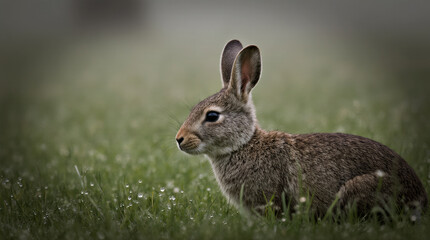Obraz premium Sideways rabbit standing alert in green field wildlife animal portrait