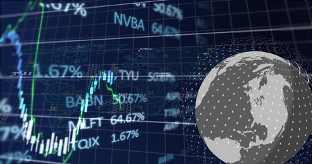 Fototapeta premium Showing dotted 3D globe rotating on market HUD, with candles, green-white line, tickers, copy space