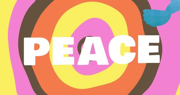 Dominating bold white PEACE centering on retro poster, featuring color rings and turquoise hand