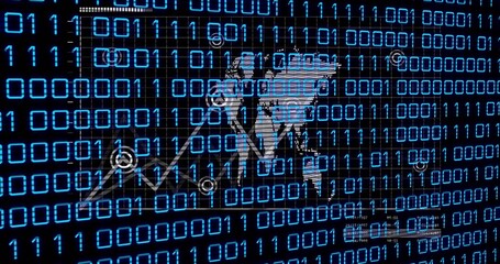 Gesturing businessman silhouette in suit and tie interacting with upward graph, binary grid and HUD