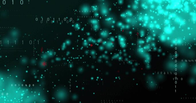 Glowing teal particle clusters drifting across data field, with binary digits, red asterisks, haze