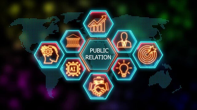 Glowing Neon public relation concept animation. Business, Technology, Internet and network concept. Financial success concept on virtual screen. 4k