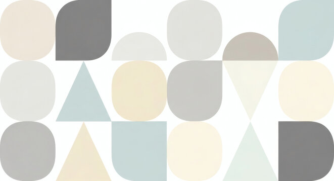 Seamless pattern of minimal geometric shapes. Circles, triangles and rounded squares arranged in modern Scandinavian style, balanced spacing, soft neutral colors, clean background, vector look, no tex
