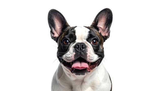 Happy, brindle and white French bulldog with erect ears, facing forward, mouth open with tongue visible on white background