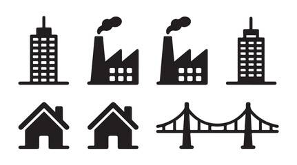 Obraz premium City buildings houses and bridge icons for urban landscape and infrastructure
