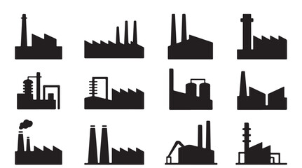 Obraz premium Industrial factory building icons for manufacturing plants and oil refinery complex designs
