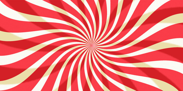 Retro red background with vintage circus sunburst. Psychedelic colorful swirl poster, abstract pattern in 70s carnival style. Hypnotic sunburst vector illustration.