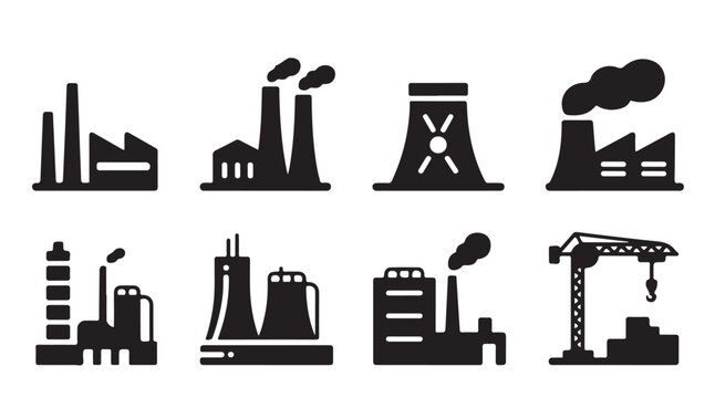 Industrial factory and construction site icons. power plant, crane, manufacturing, nuclear energy symbols