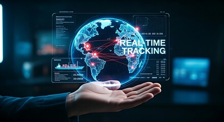 Real-time cargo tracking. A hand over a holographic world map, tracking the exact location of a cargo ship with 