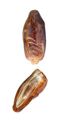 Fototapeta premium Ripe dried date palm fruit witth half in set isolated with clipping path in png file format Concept of iftar food in Ramadan month for Muslims