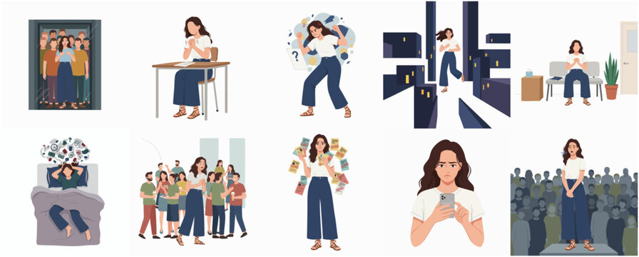 Illustrated Woman Expressing Different Emotions and Situations in Various Daily Life Scenes