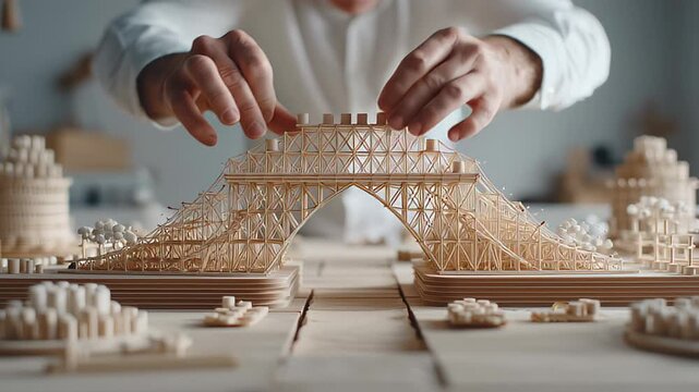 Hands building a wooden bridge architectural scale model
