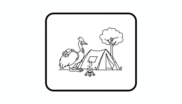 Camping Cassowary Bird with Backpack and Tent in Nature