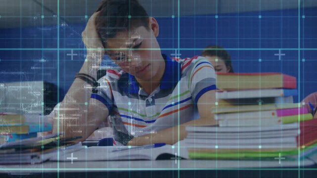 Teen student sitting at desk in classroom, glancing textbook and writing, blue HUD guiding study