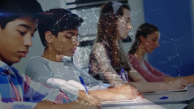 Four students writing with blue pens, camera panning, code globe growing over notes, for education