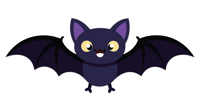 A deep purple cartoon bat character with yellow eyes and tiny white fangs showing its wings spread wide against a plain white background.
