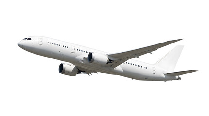 Obraz premium Side view of a clean white commercial airplane taking off isolated on white background