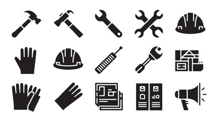 Fototapeta premium Assorted workshop tools and protective clothing icons for building and maintenance vector