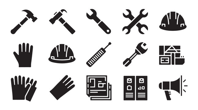Assorted workshop tools and protective clothing icons for building and maintenance vector