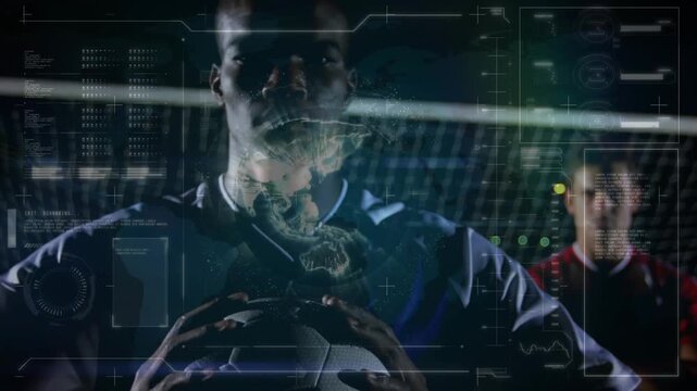 Soccer player holding ball as camera rising HUD globe aligning rival appearing by goal showing data