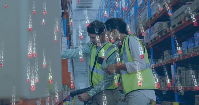 Pair of warehouse staff pointing and scanning labels, checking stock, binary digits over scanner
