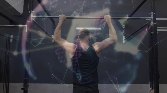 Man gripping pullup bar and doing pullups for fitness, reps rising, overlay encircling back