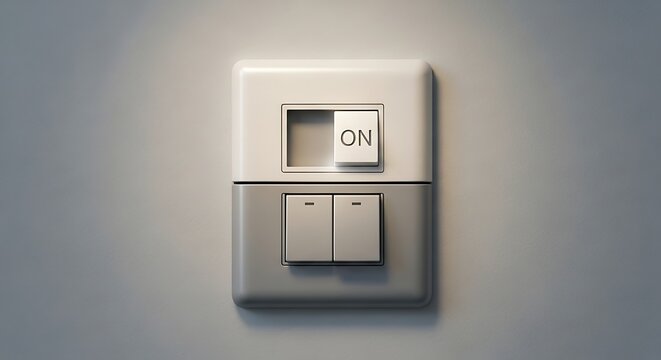 A modern light switch in the 'ON' position illuminates its surroundings, symbolizing activation, energy, and decision against a backdrop of inactive controls, highlighting readiness