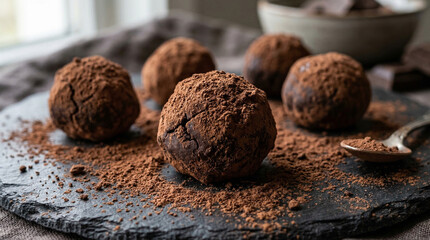 Delicious Homemade Chocolate Truffles Dusted with Cocoa Powder on Slate