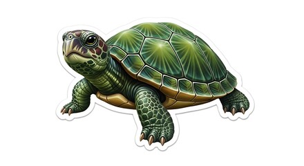 Obraz premium A detailed realistic illustration of a green sea turtle with a textured shell, set against a white background, showcasing its scales and unique markings