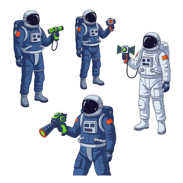 Astronauts with futuristic weapons in space suits, pixel art style