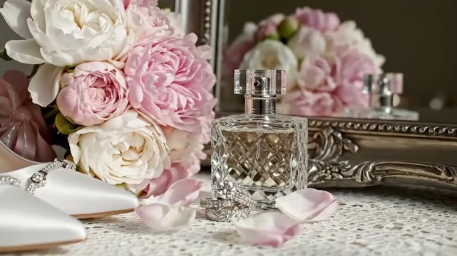 Elegant Wedding Day Preparation Perfume, Peonies, and Bridal Shoes on Lace