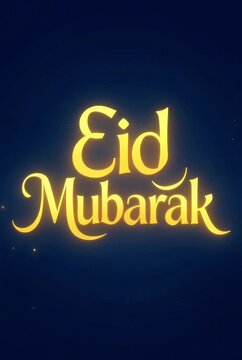Golden Eid Mubarak greeting text with sparkling lights on dark blue background