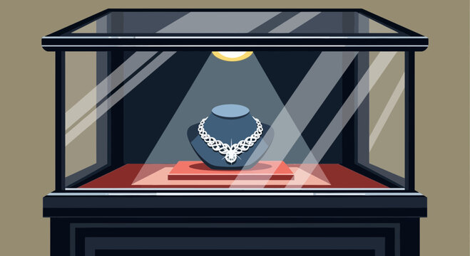 Elegant Diamond Necklace Displayed in a Glass Showcase.