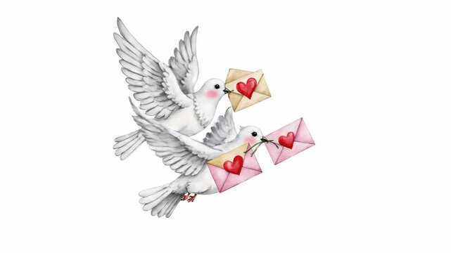 Two white doves carrying love letters with hearts